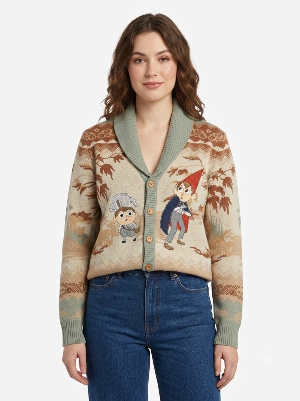 Her Universe Beige & Sage Shawl-Collar Cardigan with Character Motif